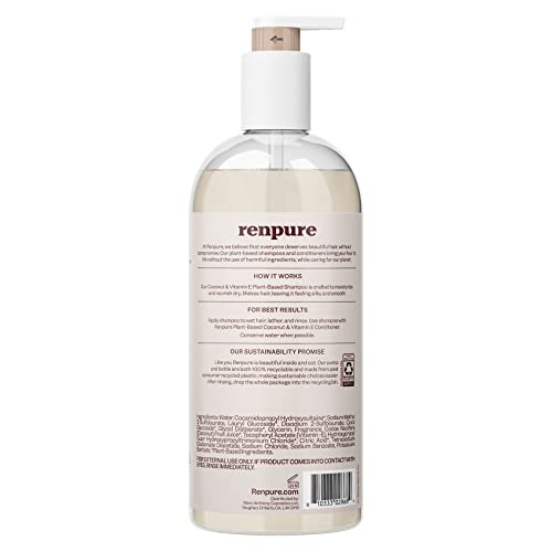 Renpure Plant Based Coconut and Vitamin E Moisturize and Replenish Shampoo - Ideal for Lifeless Hair - Leaves Hair Silky and Smooth - Rids Hair of Grime - Recyclable, Pump Bottle Design - 24 fl oz