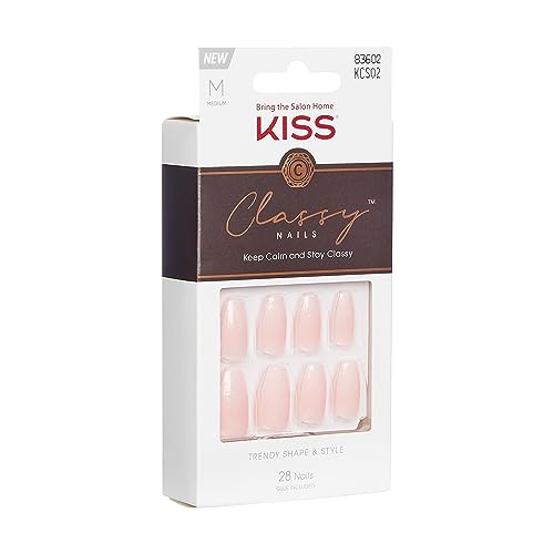 KISS Classy French Nail Manicure Kit with Gel Finish, Medium, Coffin Shaped, Includes Pink Nail Glue (Net Wt. 2 g / 0.07oz.), Mini Nail File, Manicure Stick, and 28 Fake Nails, 'Cozy Meets Cute', 28 Count