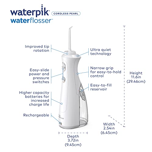 Waterpik Cordless Pearl Rechargeable Portable Water Flosser for Teeth, Gums, Braces Care and Travel with 4 Flossing Tips, ADA Accepted, Charger May Vary, WF-13 White