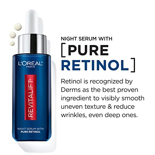 LOreal Paris Revitalift 0.3% Pure Retinol Night Serum, Reduce Deep Wrinkles, Fragrance Free 1 oz + Moisturizer Sample