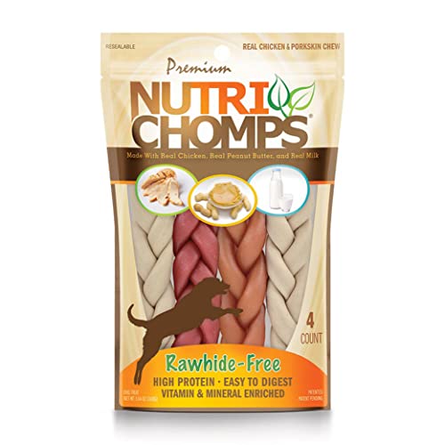 NutriChomps Dog Chews, 6-inch Braids, Easy to Digest, Rawhide-Free Dog Treats, Healthy, 10 Count, Real Chicken, Peanut Butter and Milk flavors