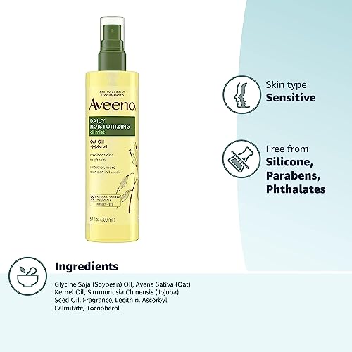 Aveeno Daily Moisturizing Dry Body Oil Mist with Oat and Jojoba Oil for Dry, Rough Sensitive Skin, Nourishing & Hypoallergenic Body Spray, Paraben-, Silicone- & Phthalate-Free, 6.7 fl. oz