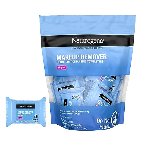 Neutrogena Fragrance-Free Makeup Remover Cleansing Towelette Singles, Individually-Wrapped Daily Face Wipes to Remove Dirt, Oil, Makeup & Waterproof Mascara for Travel & On-the-Go, 20 ct (Pack of 6)