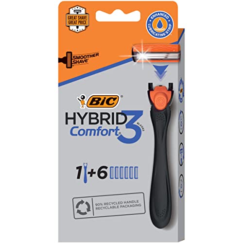 BIC Comfort 3 Refillable Three-Blade Disposable Razors for Men, Sensitive Skin Razor for a Comfortable Shave, 1 Handle and 12 Cartridges With 3 Blades, 13 Piece Razor Kit