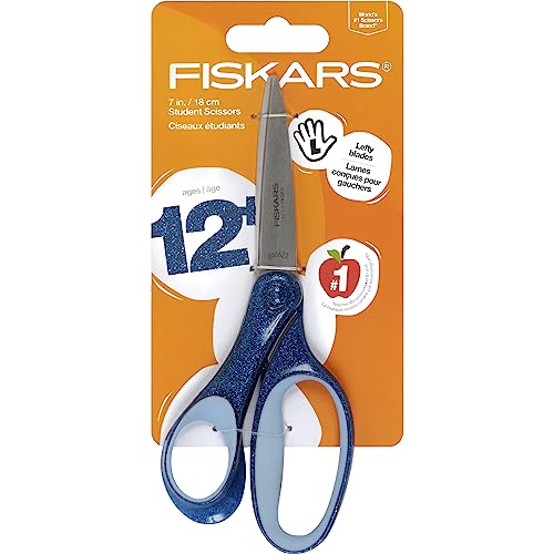 Fiskars 7 SoftGrip Left-Handed Student Glitter Scissors for Kids 12+ - Left-Handed Scissors for School or Crafting - Back to School Supplies - Blue