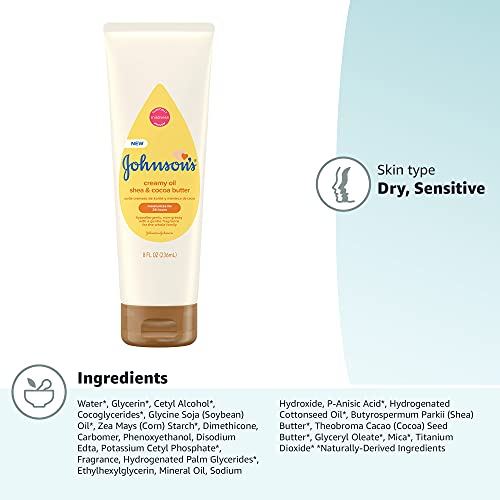 Johnsons Creamy Oil for Baby with Shea & Cocoa Butter, Moisturizing Body Lotion with Gentle Fragrance, Hypoallergenic, Non-Greasy, Paraben-Free, Phthalate-Free and Dye-Free, 8 fl. oz