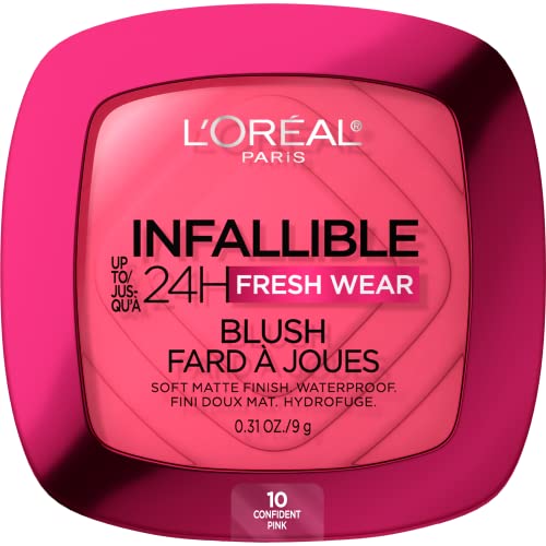 LOreal Paris Infallible Up to 24H Fresh Wear Soft Matte Blush, Blendable, Long-Lasting and Waterproof Cheek Make Up, Confident Pink 10, 0.31 Oz