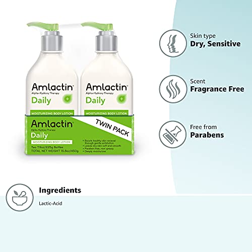 AmLactin Daily Moisturizing Lotion for Dry Skin – 7.9 oz Pump Bottles (Twin Pack) – 2-in-1 Exfoliator-Body Lotion with 12% Lactic Acid, Dermatologist-Recommended (Packaging May Vary)