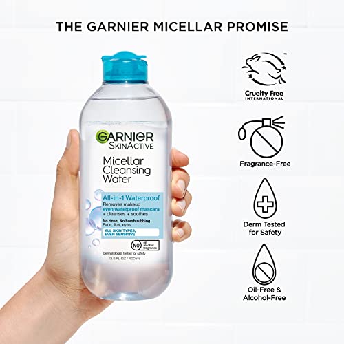 Garnier SkinActive Micellar Water For Waterproof Makeup, Facial Cleanser & Makeup Remover, 13.5 Fl Oz (400mL), 1 Count (Packaging May Vary)