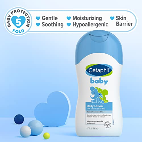 Cetaphil Baby Daily Lotion with Organic Calendula, NEW 13.5 fl oz, Vitamin E, Sweet Almond & Sunflower Oils, Mineral Oil Free, Paraben Free, Dermatologist Tested, Clinically Proven for Sensitive Skin