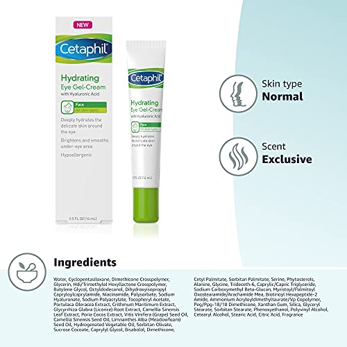 Cetaphil Hydrating Eye Gel-Cream, With Hyaluronic Acid, 0.5 fl oz, Brightens and Smooths Under Eyes, 24 Hour Hydration for All Skin Types, (Packaging May Vary)