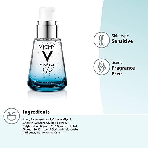 Vichy Hydrating Hyaluronic Acid Serum, Mineral 89 Serum and Daily Face Moisturizer Skin Booster with Natural Origin Hyaluronic Acid, Hydrates and Strengthens Sensitive Skin, 75mL