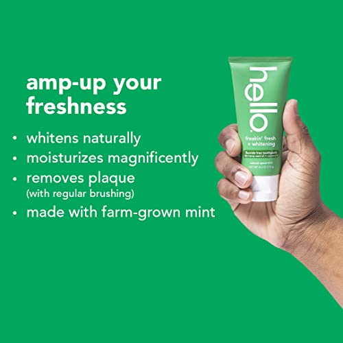 Hello Freakin Fresh Whitening Toothpaste, Fluoride Free Hemp Toothpaste with Farm Grown Mint and Coconut Oil, Vegan, No Peroxide, No Fluoride, No Dyes, Gluten Free, BPA Free, 2 Pack, 4 OZ Tubes