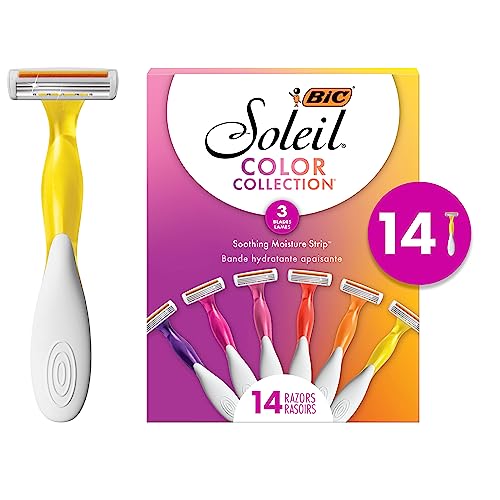 BIC Soleil Smooth Colors Women's Disposable Razors With Aloe Vera and vitamin E Lubricating Strip for Enhanced Glide, With 3 Blades, 14 Count