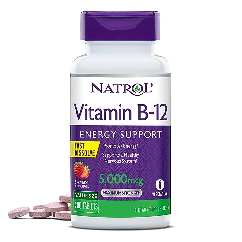 Natrol Vitamin B-12 5000mcg, Dietary Supplement for Cellular Energy Production & Healthy Nervous System Support, 200 Strawberry-Flavored Fast Dissolve Tablets, 200 Day Supply