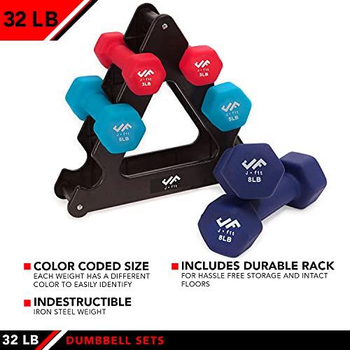 JFIT Dumbbell Set w/Durable Rack, Double Neoprene Coated Workout Weights, Solid Design Rack, 32 LB Set