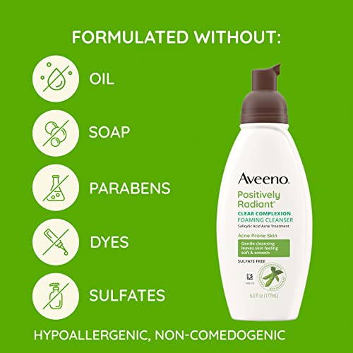 Aveeno Clear Complexion Foaming Oil-Free Facial Cleanser with Salicylic Acid Acne Medication for Breakout-Prone Skin & Soy Extracts, Hypoallergenic & Non-Comedogenic, 6 fl. oz, Pack of 3