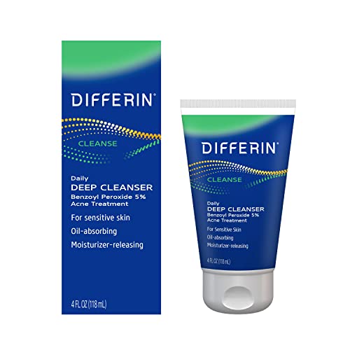 Differin Acne Face Wash with 5% Benzoyl Peroxide, Daily Deep Cleanser by the makers of Differin Gel, Gentle Skin Care for Acne Prone Sensitive Skin, 4 oz (Packaging May Vary)