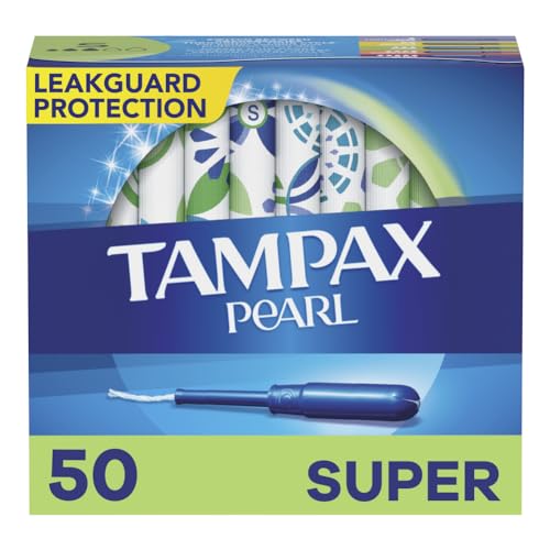 Tampax Pearl Tampons Super Absorbency,With Leakguard Braid, Unscented, 50 Count x 2 Packs (100 Count total)