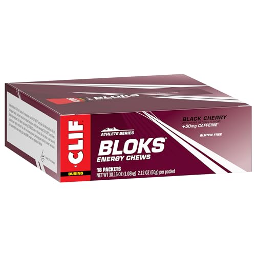 CLIF BLOKS - Black Cherry Flavor with Caffeine - Energy Chews - Non-GMO - Plant Based - Fast Fuel for Cycling and Running - Quick Carbohydrates and Electrolytes - 2.12 oz. (18 Count)