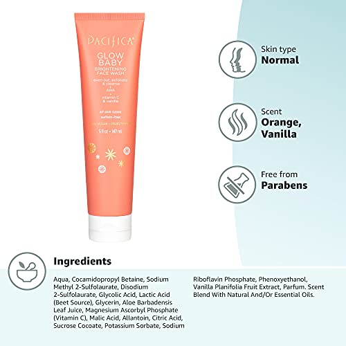 Pacifica Beauty Glow Baby Brightening Daily Face Cleanser | Exfoliate and Cleanse | Vitamin C, AHA, Vanilla | For All Skin Types | Sulfate and Paraben Free | Vegan and Cruelty Free | Clean Skin Care