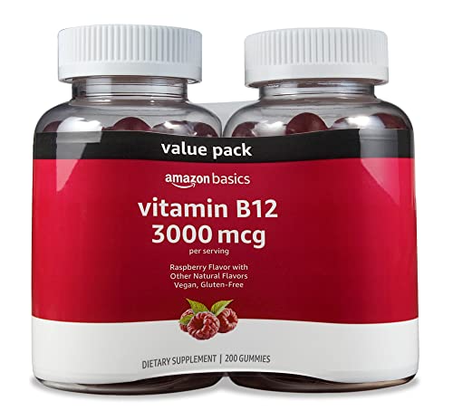 Amazon Basics Vitamin B12 3000 mcg Gummies, Normal Energy Production and Metabolism, Immune System Support, Raspberry, 200 Count (2 Packs of 100), 2 per serving