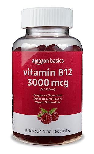 Amazon Basics Vitamin B12 3000 mcg Gummies, Normal Energy Production and Metabolism, Immune System Support, Raspberry, 200 Count (2 Packs of 100), 2 per serving