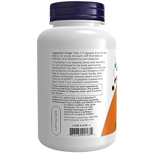 NOW Supplements, L-Tryptophan 500 mg, Encourages Positive Mood*, Supports Relaxation*, 120 Veg Capsules