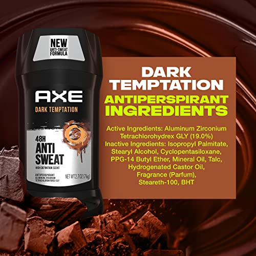 AXE Antiperspirant Stick For Men For Long Lasting Freshness Dark Temptation All Day Fresh Scent 48 Hour Anti Sweat Mens Deodorant 2.7oz 4 Count