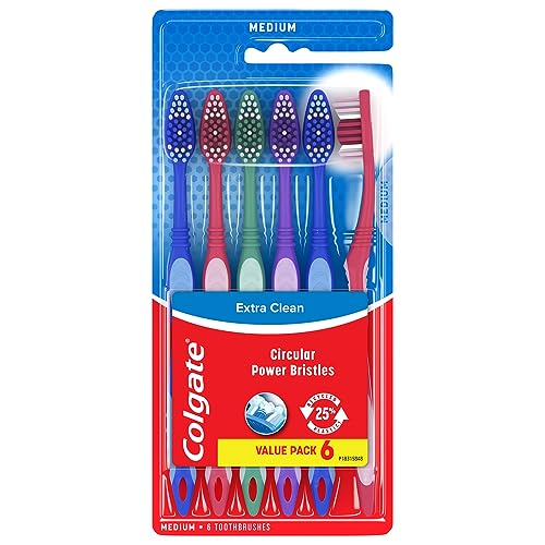 Colgate Extra Clean Toothbrush, Medium Bulk Toothbrush Pack, Adult Medium Bristle Toothbrushes with Ergonomic Handle and Circular Cleaning Bristles, Helps Remove Surface Stains, 6 Pack