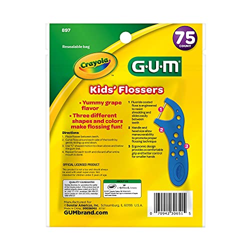 GUM - 70070942306514 Crayola Kids? Flossers, Grape, Fluoride Coated, Easy Grip Handle, Ages 3+, 75 Count, (Pack of 6)