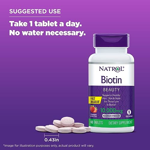 Natrol Beauty Biotin 10000mcg, Dietary Supplement for Healthy Hair, Skin, Nails and Energy Metabolism, 60 Strawberry-Flavored Fast Dissolve Tablets, 60 Day Supply