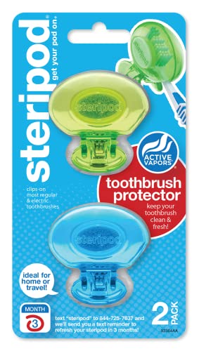 Steripod Clip-On Toothbrush Protector, Keeps Toothbrush Fresh and Clean, Fits Most Manual and Electric Toothbrushes, Blue, Green, Red, Orange, 4 Count