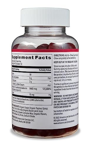 Amazon Basics Vitamin B12 3000 mcg Gummies, Normal Energy Production and Metabolism, Immune System Support, Raspberry, 200 Count (2 Packs of 100), 2 per serving