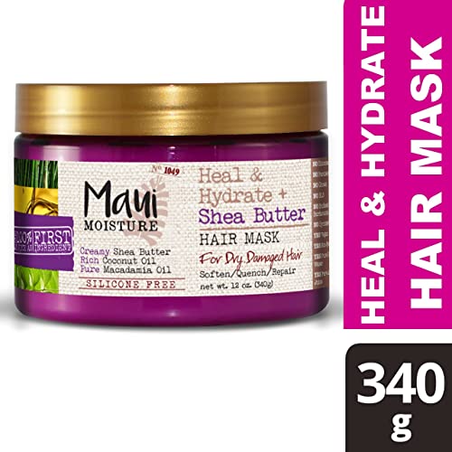 Maui Moisture Heal & Hydrate + Shea Butter Hair Mask & Leave-In Conditioner Treatment to Deeply Nourish Curls & Help Repair Split Ends, Vegan, Silicone, Paraben & Sulfate-Free, 12 oz