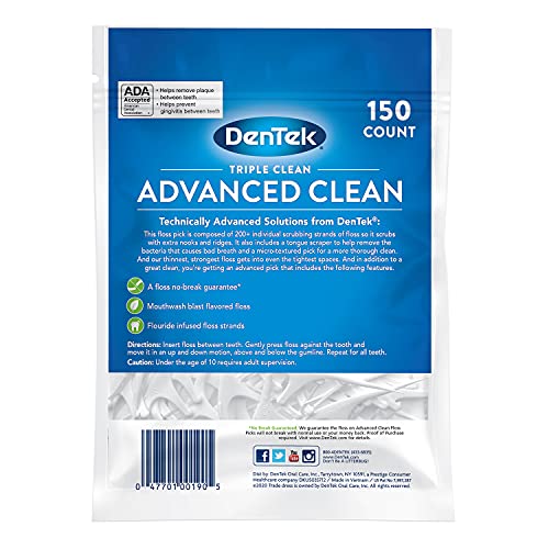 DenTek Triple Clean Advanced Clean Floss Picks, No Break & No Shred Floss, 150 Count, Pack of 3