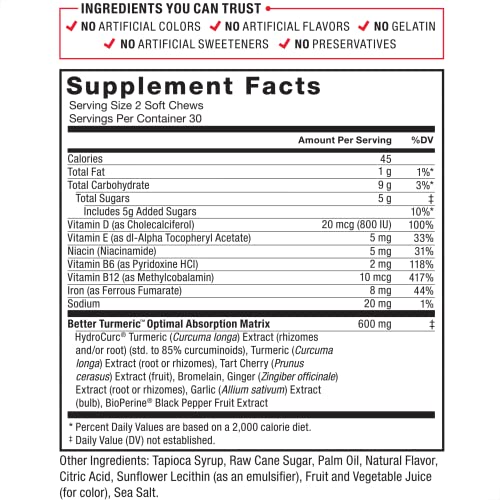 Force Factor Better Turmeric Joint Support Supplement for Extra Strength Joint Health, Featuring HydroCurc Turmeric Curcumin with Black Pepper for Superior Absorption, Fruit Splash, 60 Soft Chews