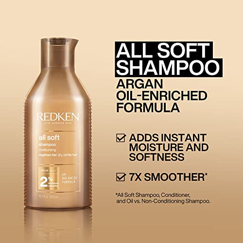 Redken All Soft Shampoo | For Dry / Brittle Hair | Provides Intense Softness and Shine | With Argan Oil | 10.1 Fl Oz (Pack of 1)