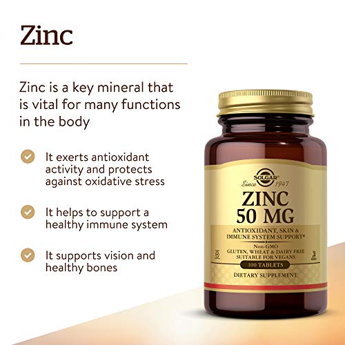 Solgar Zinc 50 mg, 100 Tablets - Zinc for Healthy Skin, Taste & Vision - Immune System & Antioxidant Support - Supports Cell Growth & DNA Formation - Non GMO, Vegan, Gluten Free - 100 Servings