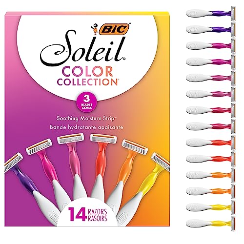 BIC Soleil Smooth Colors Women's Disposable Razors With Aloe Vera and vitamin E Lubricating Strip for Enhanced Glide, With 3 Blades, 14 Count