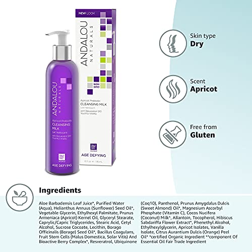 Andalou Naturals Probiotic Cleansing Milk, Apricot Facial Cleanser for Dry, Dehydrated Skin, Gentle Makeup Remover, Hydrating Anti Aging Face Wash, Cruelty Free, 6 Fl Oz