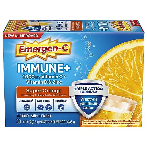 Emergen-C Immune+ Triple Action Immune Support Powder, BetaVia (R), 1000mg Vitamin C, B Vitamins, Vitamin D and Antioxidants, Super Orange – 50 Count