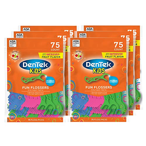 DenTek Kids Fun Flossers, Removes Food & Plaque, Wild Fruit Flavored Floss Picks, 75 Count, 6 Pack