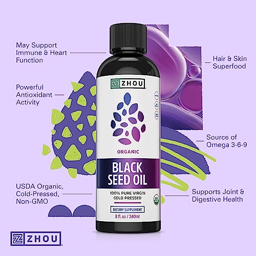 Zhou Organic Black Seed Oil | 100% Virgin Cold Pressed Omega 3 6 9 | Super Antioxidant for Immune Support, Joints, Digestion, Hair & Skin | Vegan, Gluten-Free, Non-GMO | 8oz