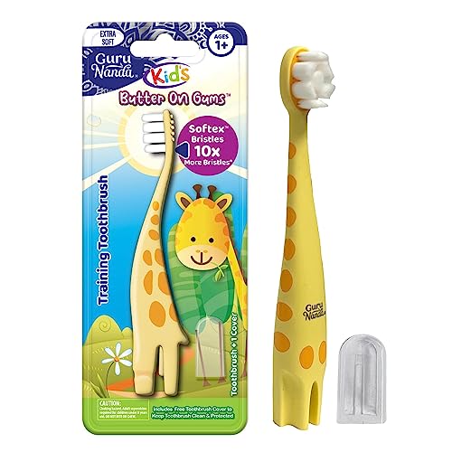 GuruNanda Kids Butter On Gums Training Toothbrush with Cover - Cute Giraffe Design, Extra Soft Bristles for Gentle Cleaning - Ergonomic Handle - BPA & Cruelty Free - 1 Pack (Age 1+)