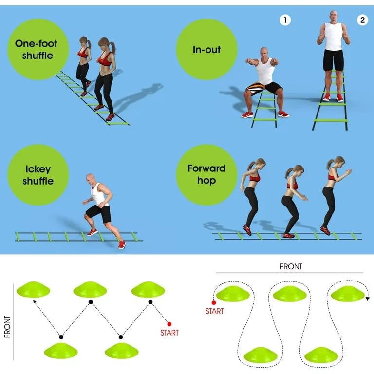 Yes4All Ultimate Combo Agility Ladder Training (Lime) Set – Speed Agility Ladder Lime 12 Adjustable Rungs, 12 Agility Cones & 4 Steel Stakes - Included Carry Bag