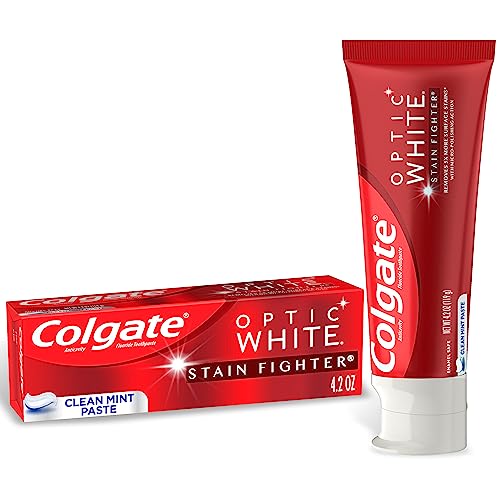 Colgate Optic White Stain Fighter Whitening Toothpaste, Clean Mint Flavor, Safely Removes Surface Stains, Enamel-Safe for Daily Use, Teeth Whitening Toothpaste with Fluoride, 4.2 Oz Tube