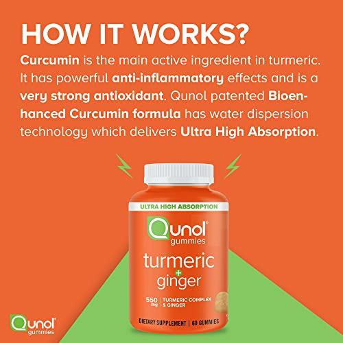 Turmeric and Ginger Gummies, Qunol Gummy with 500mg Turmeric + 50mg Ginger, Joint Support Supplement, Ultra High Absorption Tumeric and Ginger, Vegan, Gluten Free, 90ct Gummies