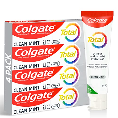 Colgate Total Clean Mint Toothpaste, 10 Benefits, No Trade-Offs, Freshens Breath, Whitens Teeth and Provides Sensitivity Relief, Clean Mint Flavor, 4 Pack, 5.1 Oz Tubes