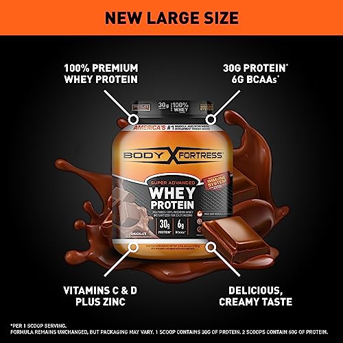 Body Fortress Super Advanced Whey Protein Powder, Chocolate, Immune Support (1), Vitamins C & D Plus Zinc, 3.9 lbs.